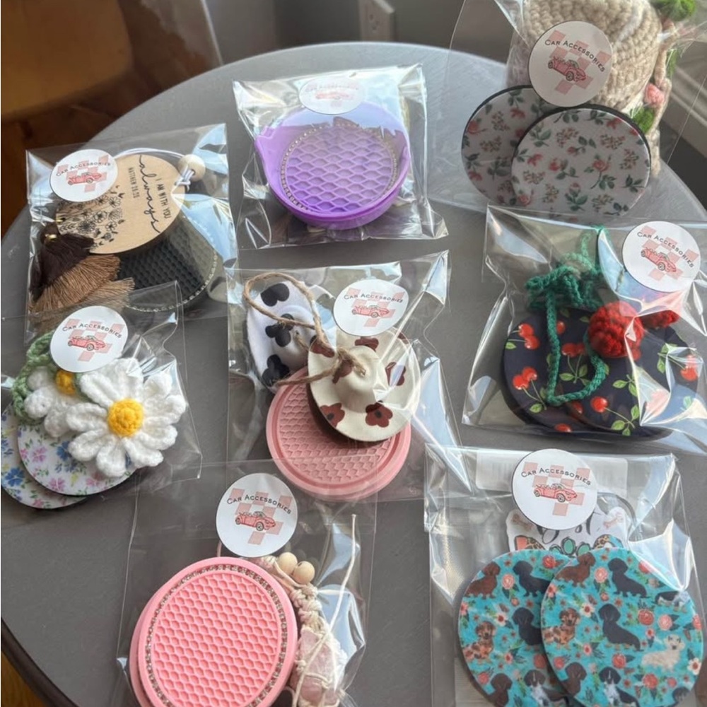 Car Accessory Sets (car coasters & hanging decor)
